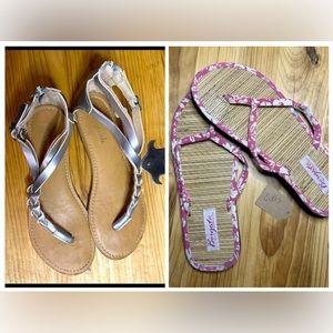 2 Pair shoes Aeropostale silver sandals #22 & Borgata Hotel Bamboo flip flops